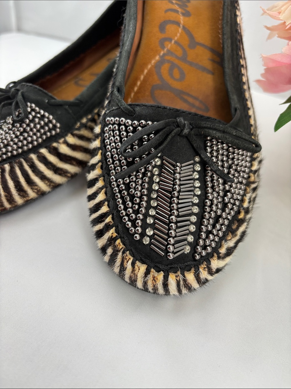 Sam Edelman Womens 8.5 Black & Cream Zebra-Print Studded Ballet Flats #733 - Picture 6 of 15
